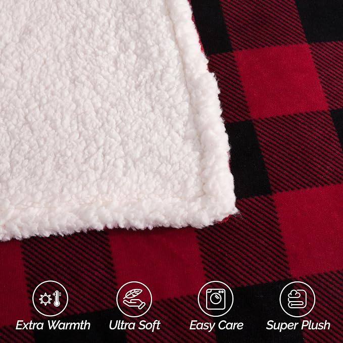 Elegant Comfort Ultra Soft Reversible Buffalo Plaid Flannel Sherpa Blanket - Cozy Silky Checkered Fleece Throw for Couch, Bed - Plush Fuzzy Warm Winter Blanket for Gift, Twin XL, Burgundy