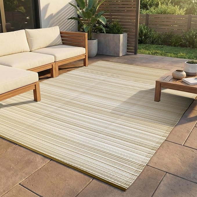 FH Home Outdoor Camping Rug - Waterproof, Fade Resistant, Reversible - Premium Recycled Plastic - Striped - Large Patio, Deck, Sunroom, RV - Havana - Beige - 9 x 18 ft Foldable