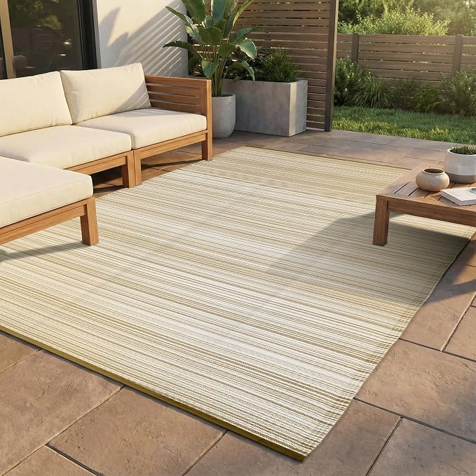 FH Home Outdoor Camping Rug - Waterproof, Fade Resistant, Reversible - Premium Recycled Plastic - Striped - Large Patio, Deck, Sunroom, RV - Havana - Beige - 9 x 12 ft Foldable