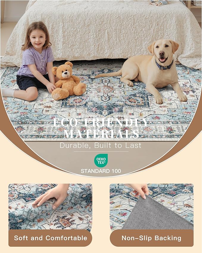 Madane Washable Entry Rug 3x4, Area Rugs for Entryway Kitchen Bathroom Door Mat Indoor Entrance, Vintage Floral Print Office Runner with Non Slip Rubber Backing, Blue