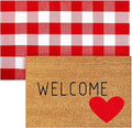 Moucuny 2 Pcs Valentine's Day Coir Welcome Doormat Valentine's Day Rug Outdoor Layered Buffalo Plaid Red and White Mat Red Heart Mat for Front Porch Entryway Outdoor