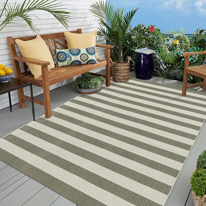 OJIA Outdoor Patio Rug 5'x7' Striped Washable Camping Rug Outdoor Carpet | Large Area Rugs Green Cotton Woven Thin Indoor Outdoor Rugs for Bedroom/Living Room/Front Porch Decor/Deck/Backyard/Camping
