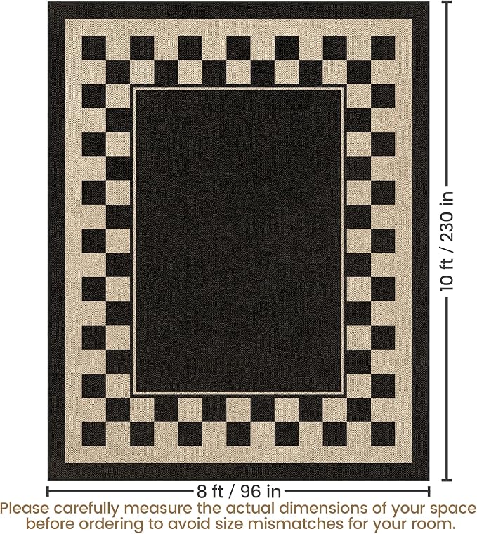 Washable Checkered Easy Jute Rug 8x10, Black Checkerboard Geometric Modern Outdoor Indoor Patio Large Bordered Rug, Woven Thin Carpet for Living Dining Play Room Bedroom Classroom Kids Nursery