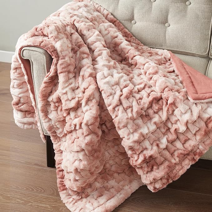 Madison Park Ruched Fur Throw Faux Fur Blanket, 50" x 60", Pink Tie Dye | Luxury, Premium, Soft Cozy Brushed Long Pile, All Season Plush Modern OEKO- TEX Certification Warm For Bed, Couch or Sofa