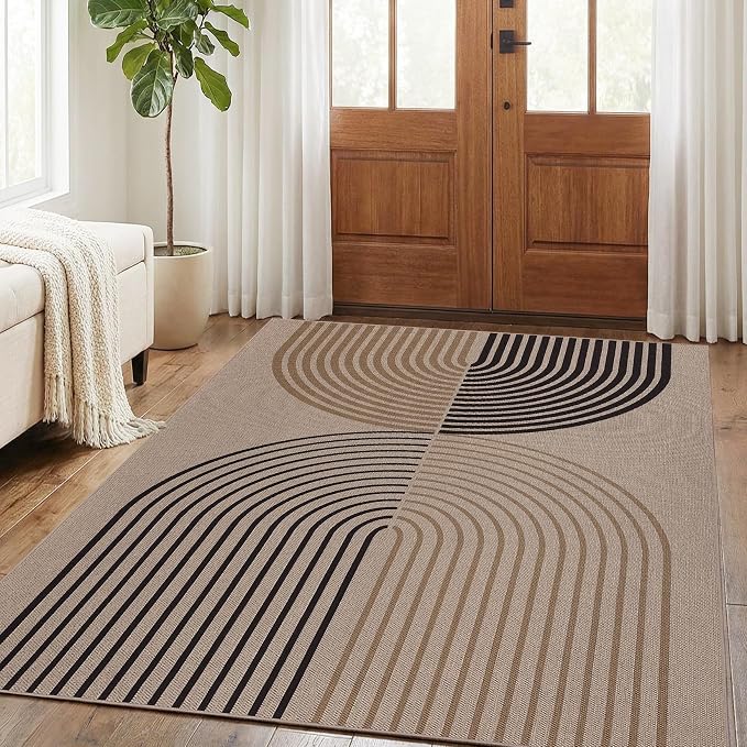 COZYLOOM 5x7 Easy Jute Outdoor Patio Rug, Machine Washable Area Rugs for Living Room, Non Slip Modern Arch Striped Rug Stain Resistant Farmhouse Carpet for Entryway, Bedroom, Backyard, Nature/Tan