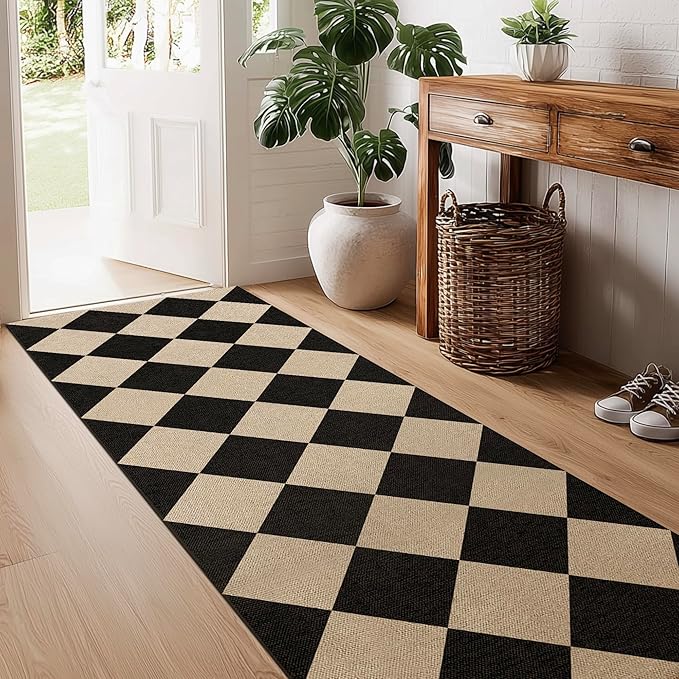Washable Checkered Easy Jute Runner Rug, 2x8 Black Diamond Checkerboard Boho Geometric Outdoor Indoor Patio Rug, Low Pile Lightweight Non Slip Long Runner Carpet for Hallway Kitchen 8ft Entryway Porch