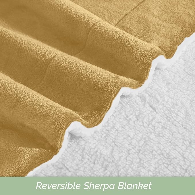 Elegant Comfort Ultra Soft Reversible Flannel Sherpa Blanket - Cozy Silky Fleece Throw for Couch, Bed - Plush Fuzzy Warm Winter Blanket for Gift, King, Gold