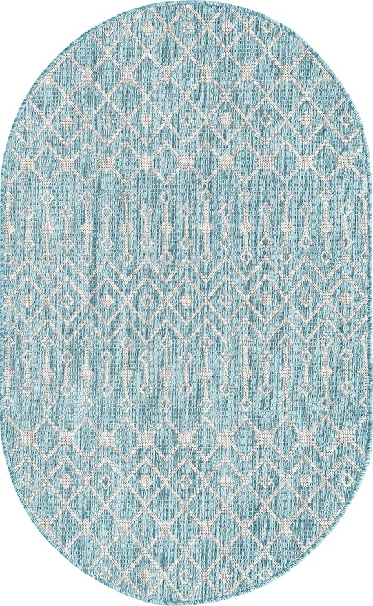 Unique Loom Outdoor Trellis Collection Area Rug - Tribal Trellis (3' 3" x 5' 3" Oval, Aqua/ Ivory)