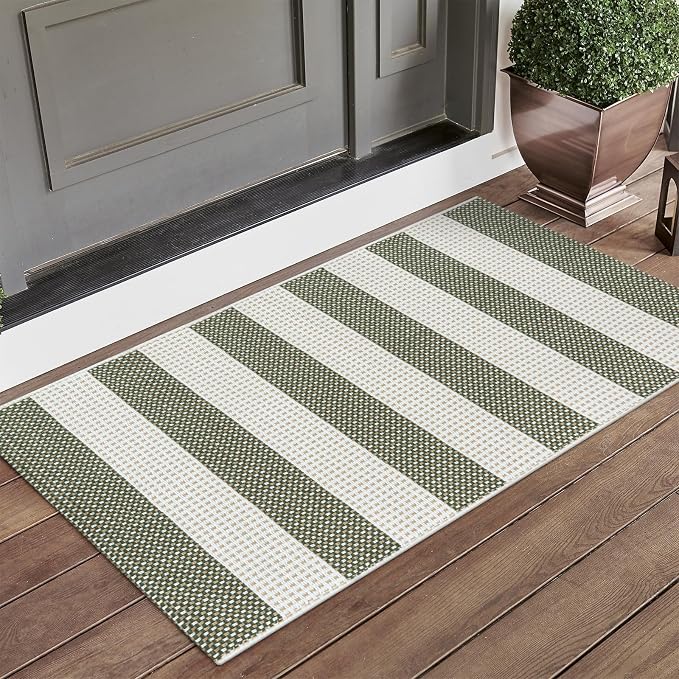 LEEVAN Door Mat Outdoor Entrance 2x3, Washable Striped Front Porch Rug, Green White and Tan Buffalo Welcome Mat, Spring Outside Entryway Rugs, Cotton Woven Indoor Outdoor Layered Doormats