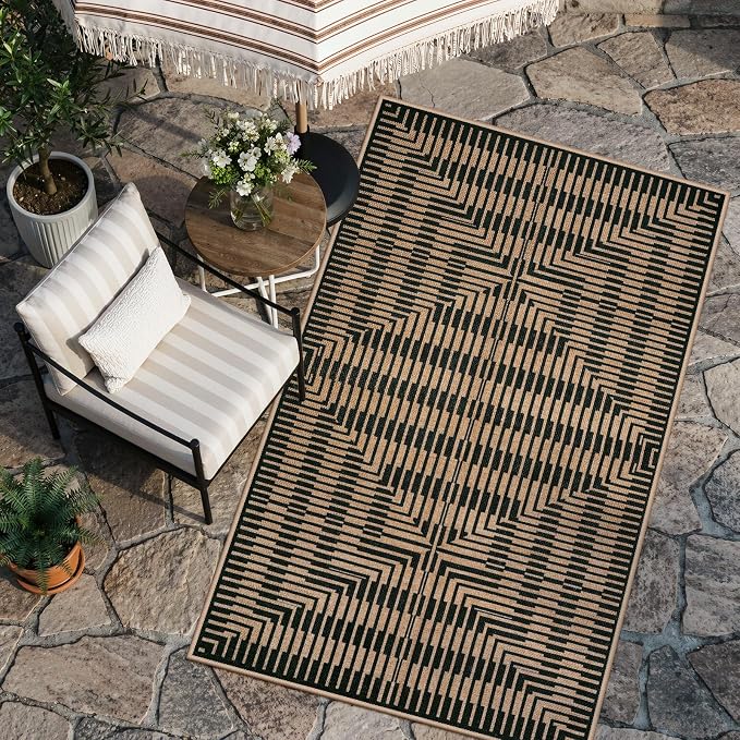 LIVEBOX Easy Jute 3x5 Outdoor Rug, Washable Non Slip Front Door Porch Rugs, Neutral Black Striped Accent Carpet Mat for Entryway, Mudroom (Black & Tan)
