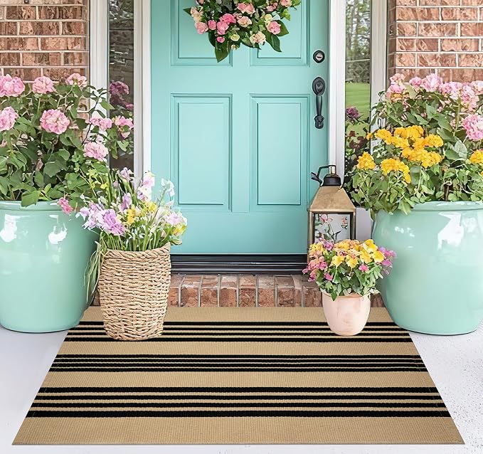 Tan and Black Outdoor Rug,2x3 ft Striped Small Area Rug Cotton Woven Washable Farmhouse Layered Door Mats for Entryway/Porch Decor/Kitchen/Home Entrance