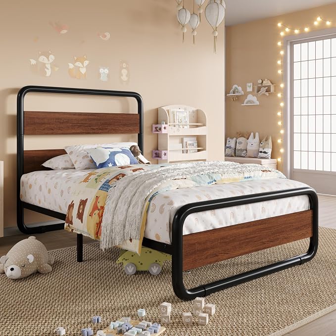 SHA CERLIN Twin Size Metal Bed Frame with Wooden Headboard and Footboard, Heavy Duty Oval-Shaped Platform Bed Frame with 10" Under-Bed Storage, Heavy Duty Slats Support, No Box Spring Needed, Walnut