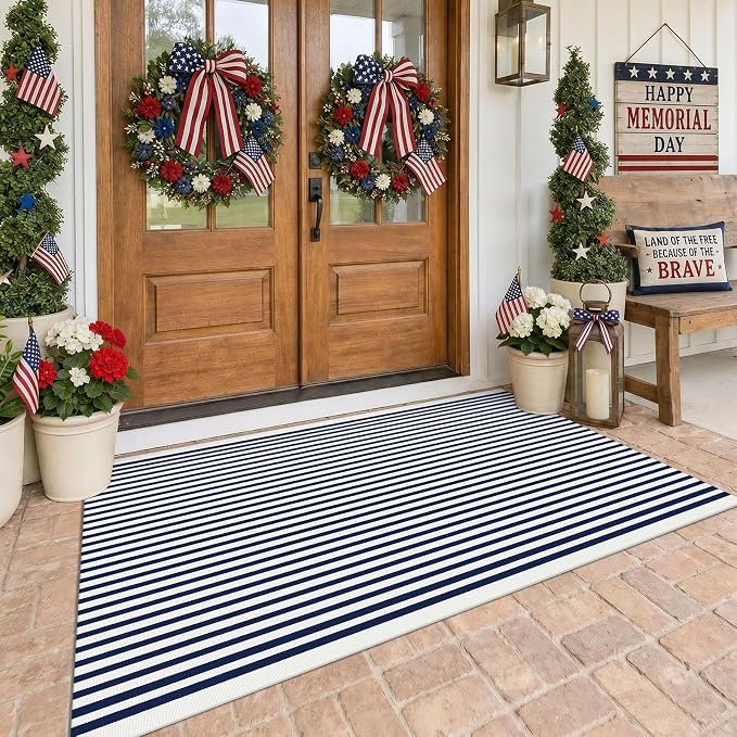 KOZYFLY 4x6 Blue and White Striped Rug Front Door Rug Woven Layered Washable Indoor Outdoor Rugs for Front Porch Kitchen Patio Farmhouse Independence Day Decor