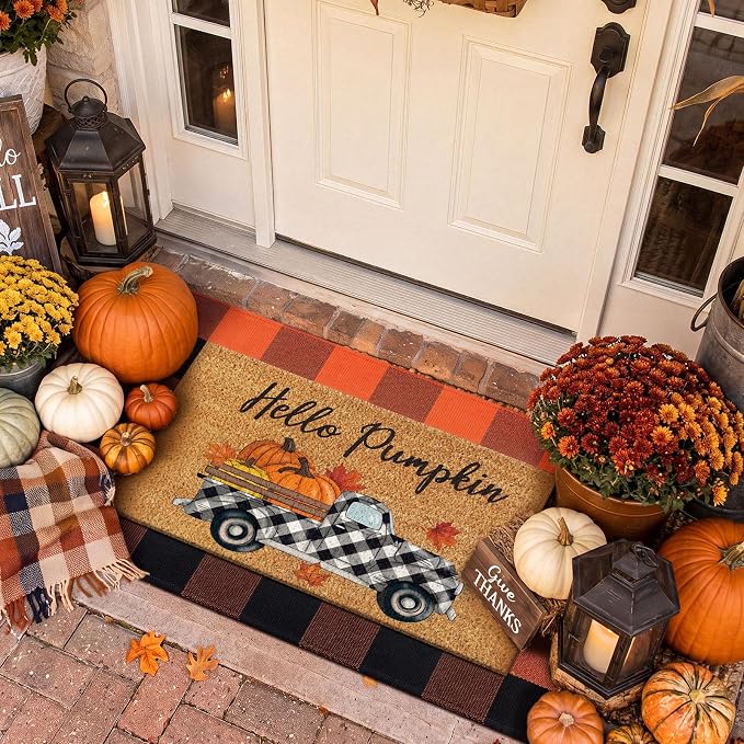 Moucuny 2 Pcs Fall Door Mat, Layered Hello Pumpkin Welcome Coir Doormat with Orange and Black Buffalo Plaid Rug, Non-Slip Backing, Fall Farmhouse Autumn Porch Decor for Entryway Patio Decor