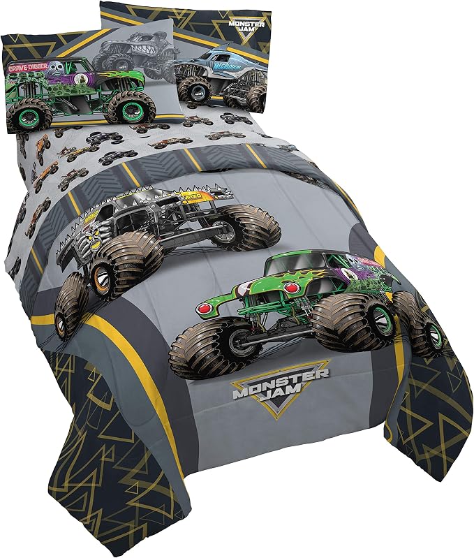 Jay franco Monster Jam MJ Life 4 Piece Twin Bed Set-Includes Reversible Comforter&Sheet Set-Bedding Features Grave Digger, Max-D, Megalodon-Super Soft Microfiber-(Official Monster Jam Product) | Grave Digger Megalodon, Bed in a Bag, Comforter Sheets Pi...