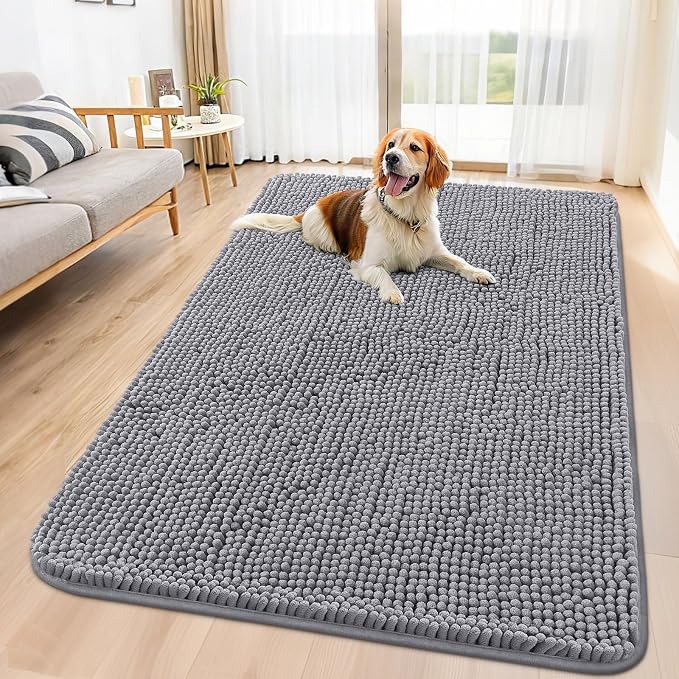 Smiry Dog Door Mat for Muddy Paws 59x32, Absorbent Dirt Trapper, Non-Slip Washable Chenille Entryway Rug for Inside Floor, Grey, Classic Solid