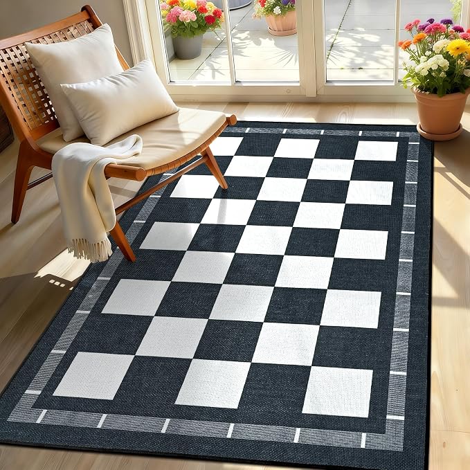 Vasofe Plaid 3x5 Outdoor Patio Rug,Washable Jute Checkered Entryway Rugs | Black and White Indoor Bedroom, Farmhouse Neutral Front Door Mat,Modern Carpet for Porch Patio Balcony Kitchen