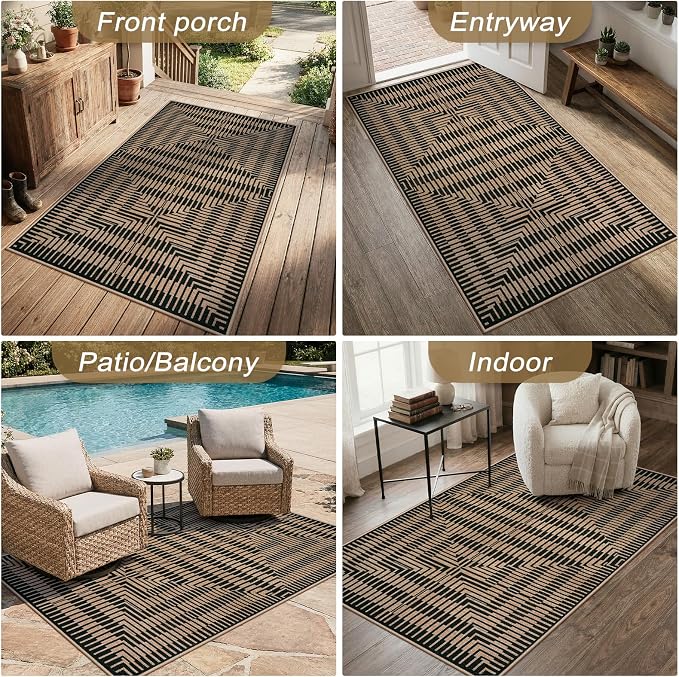 LIVEBOX Easy Jute 3x5 Outdoor Rug, Washable Non Slip Front Door Porch Rugs, Neutral Black Striped Accent Carpet Mat for Entryway, Mudroom (Black & Tan)