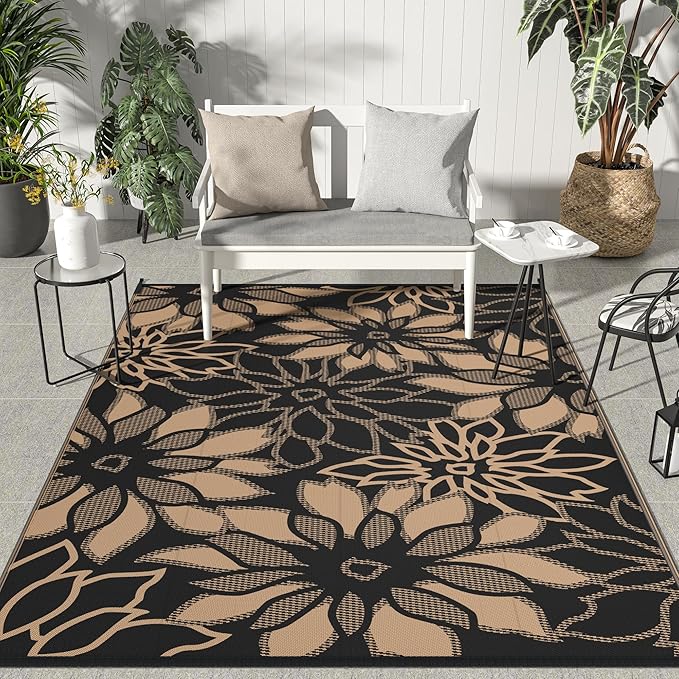 GENIMO Outdoor Rug, Waterproof Plastic Rugs for Patio, 5'x8' Brown | Outside Larger Leaf Carpet Mat for Porch Decor, Deck, Balcony, Camping, RV, Backyard, Picnic, Beach, Reversible, Foldable