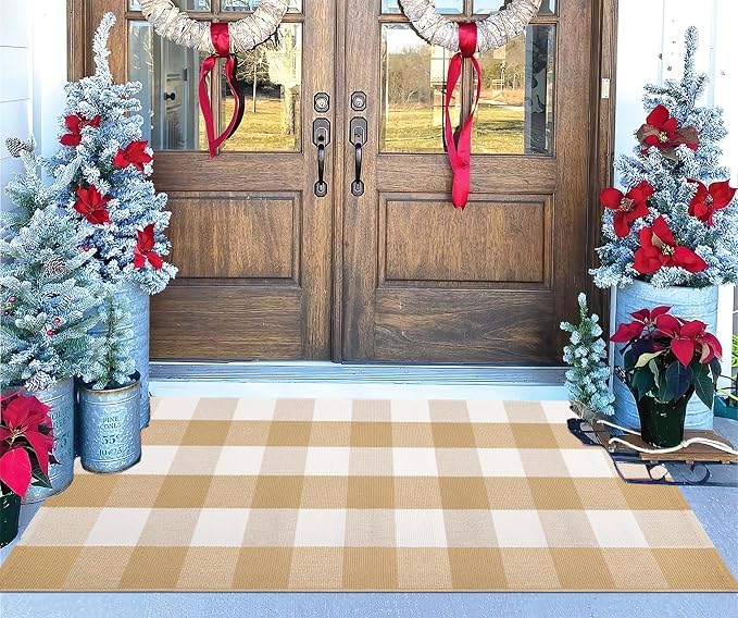 Khaki and White Outdoor Rug 24''x 51''Checkered Front Porch Mat Cotton Woven Washable Rugs Front Door Mat for Hello/Welcome Mat Entryway,Bedroom,Farmhouse Patio