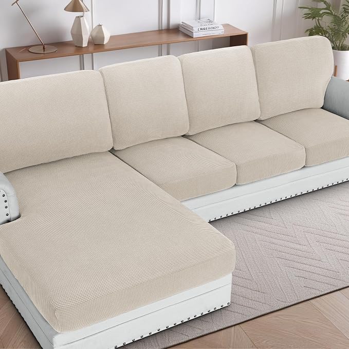H.VERSAILTEX Sectional Couch Covers 8 Pieces Stretch Sofa Cover for Sectional Sofa Set Separate L Shaped Couch Cover for Both Left/Right Couch (Seat and Back: 1 Chaise + 3 Sofa, Island Fossi)