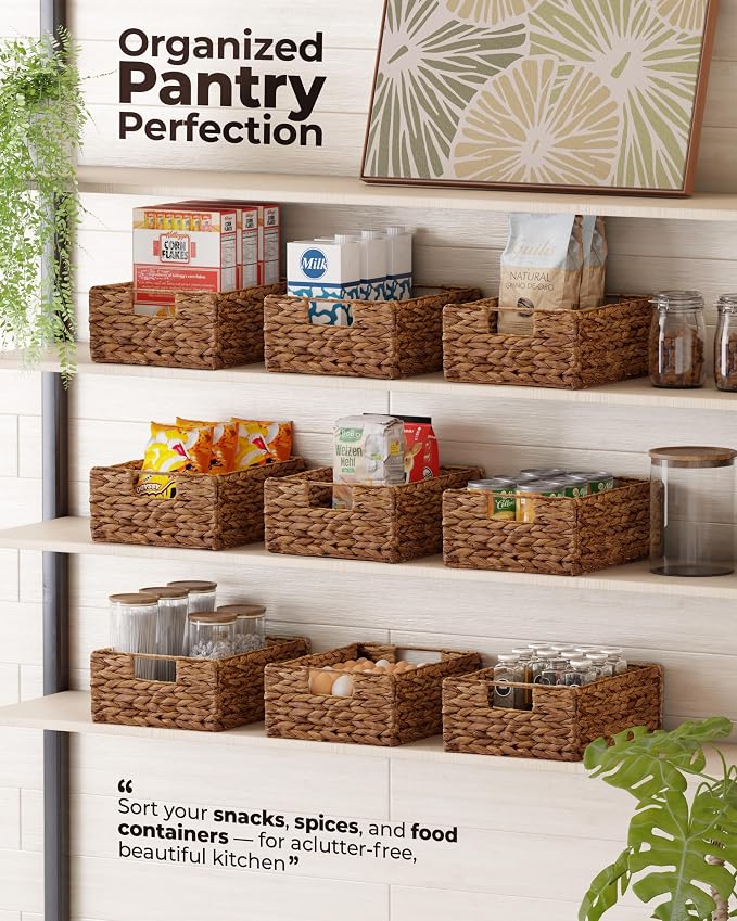 Bluewest Woven Water Hyacinth Storage Baskets with Handles, 6-Pack, Brown | Organizer and laundry basket with carrying handles, designed as a rattan bin for shelves, closets and household essentials.