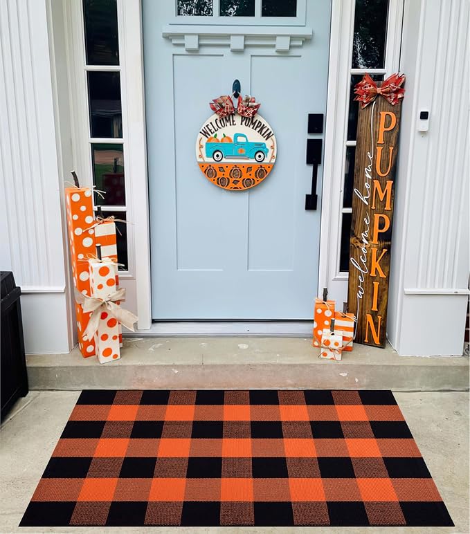Orange and Black Door Mat Outdoor 27.5''x 43.3''Fall Layered Doormat Woven Washable Farmhouse Front Porch Rug for Hallween Mat,Entryway,Bedroom,Patio