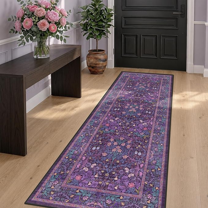 Vintage Plum Purple 2x6 Runner Rug for Bathroom - Boho Washable Indoor Entryway Rug, Oriental Low Pile Violet Carpet for Laundry Room, Hallway Mats for Floor, Stain & Fade Resistant