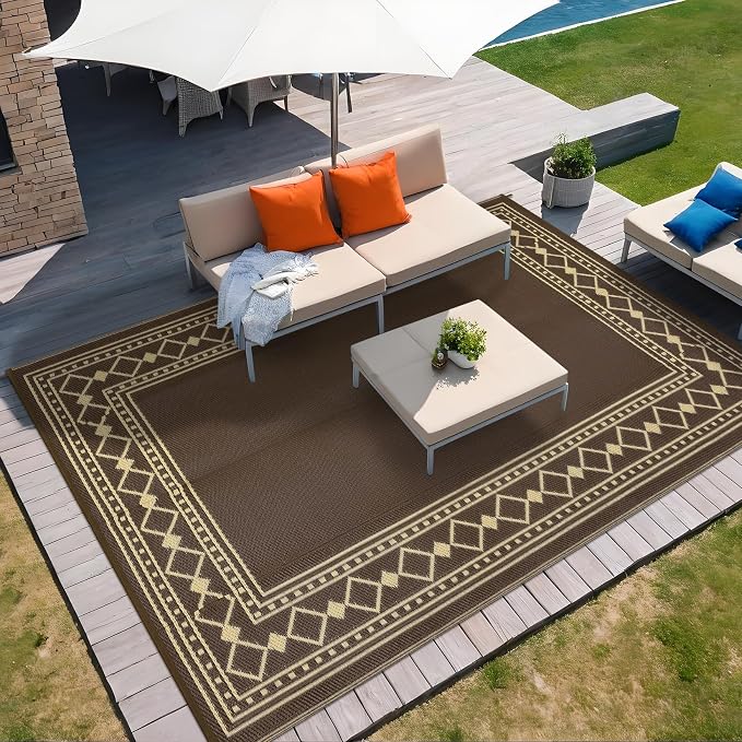 Waterproof Outdoor Rug – 9x12ft Reversible Plastic Straw Patio Carpet, Easy Clean, Non-Slip, Durable – Peony Brown/Coffee – Specification