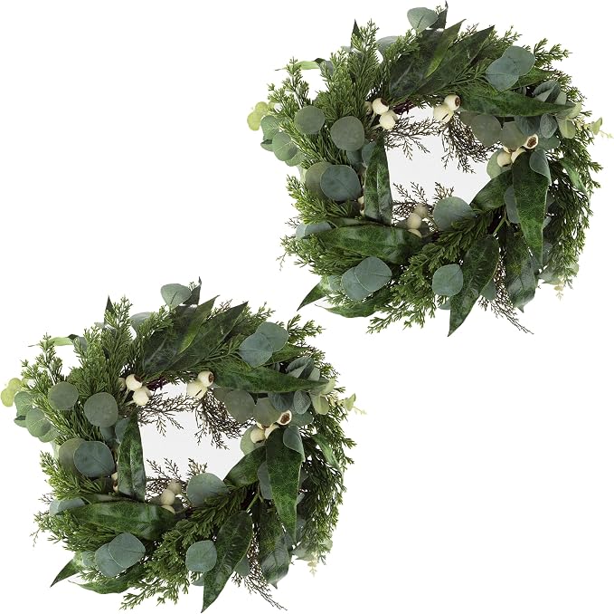 Pure Garden Artificial Wreath Set - Two 20-Inch Eucalyptus Wreaths for Spring, Summer or Fall Home Decor - Indoors or Covered Patio