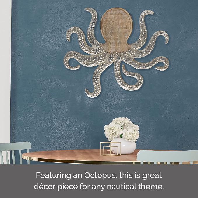 Elements Metal and Wood Octopus Wall Decor - 22 x 19 Inch Coastal Nautical Art Piece with Elegant Metal Tentacle Details - Neutral Tone Wooden Ocean Wall Art for Living Room, Bedroom, or Bathroom