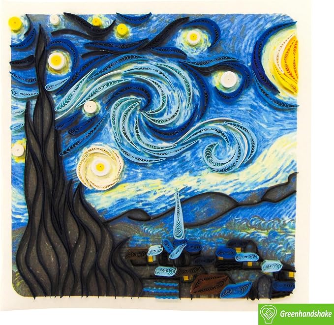 Van Gogh's The Starry Night (1889), Quilling Art Greeting Card - Design Greeting Card for Birthday, Valentine's Day, Mothers Day, Spring, Fathers Day, Graduation, Wedding, Anniversary, Thank You, Get Well, All Occasion. Framable Artwork for Art Lovers.