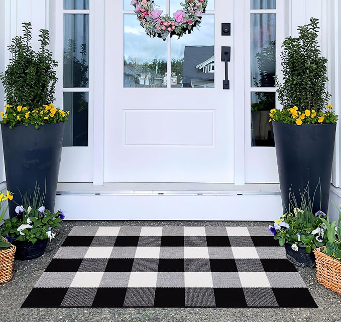 Buffalo Plaid Door Mats Outdoor 24''X35'' Black and White Layered Doormat Cotton Woven Washable Halloween Porch Mat for Welcome Door Mat Entryway Bedroom Living Room