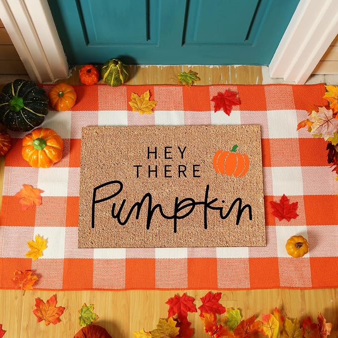 2 Pcs Fall Coir Doormat Outdoor Hey There Pumpkin Welcome Outdoor Mat Thanksgiving Front Proch Rugs Layered Buffalo Plaid Mats for Autumn Front Porch Entryway Decor