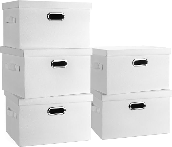 Graciadeco Medium 15" 21 Quart Collapsible Stackable Storage Bins with Lids, 5 Packs White Foldable Fabric Closet Storage Boxes with Lids, Lidded Heavy-duty Linen Baskets(15x11x8) | 21 Quart 5 Pack White Collapsible Stackable Linen Fabric 4 Handles Bed...