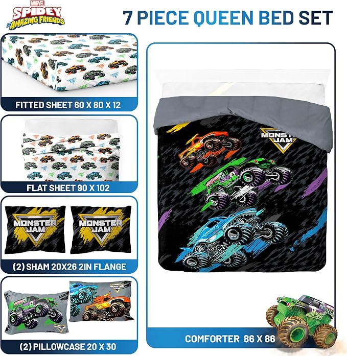 Monster Jam Trucks Queen Comforter Set 7 Piece Kids Bedding for Boys, Black | Grave Digger Megalodon, Comforter Sheets Shams Pillowcases, Official Product, Soft Microfiber, Machine Washable, Boys Gift