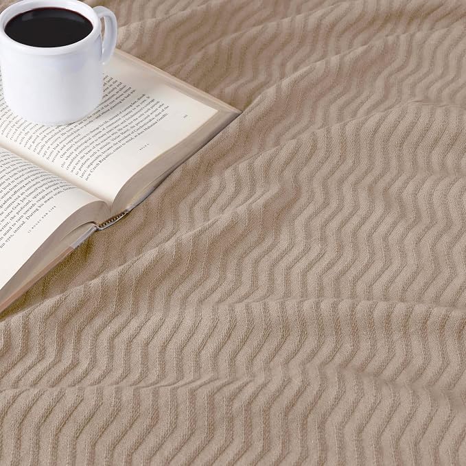 Superior JENA Cotton Blanket, for Picnic, Beach, Traveling or Camping, Bedroom Decor, Essentials, Cover for Bed, Couch, Lounging, Textured Jacquard, Modern Chevron Woven Blanket, Throw, Khaki