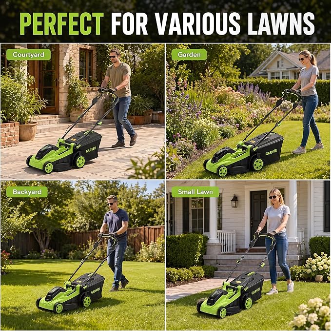Garvee Cordless Lawn Mower, 17-Inch Battery Powered Electric Push Mower, 2-in-1 Mulching & Bagging, 6 Cutting Heights, 40L Grass Bag, Lightweight Walk-Behind Mower for Small to Medium Yards, Green