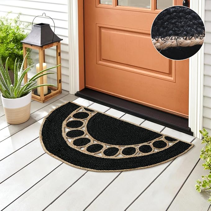 Boho Braided 1.5x3 Area Rug - Jute Natural Fiber Half Round Rug for Living Room Entryway, Farmhouse, Home, Indoor Rugs Jute Door mat for Bathroom, Kitchen (Black, 1.5 X 3 ft)