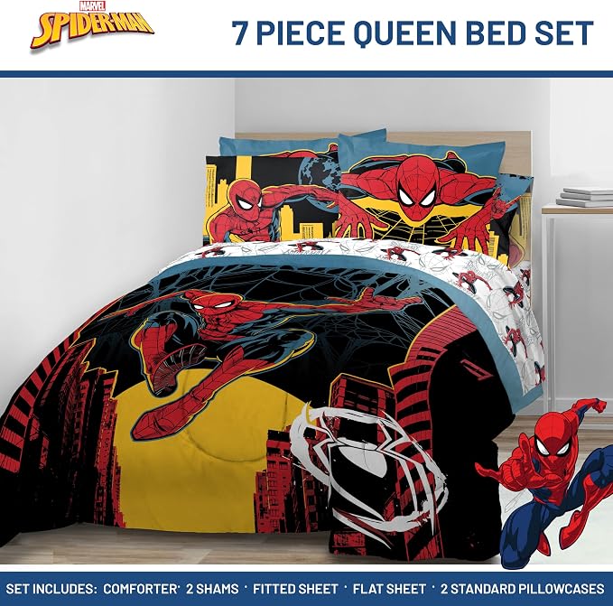 Jay Franco Kids Comforter Set Includes Sheets and Pillow Covers - Soft and Cozy Bed Set for Stylish Room Decor, Official Licensed Bedding, Black - Spiderman, 7 Piece Queen