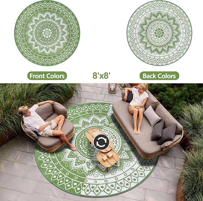 Round Outdoor Rugs for Patios, 8Ft Waterproof Reversible Plastic Straw Mat with Carry Bags, Boho Lightweight Outdoor Carpet Portable Round Floor Mat for Patio Camping Picnic Backyard RV,Green & White