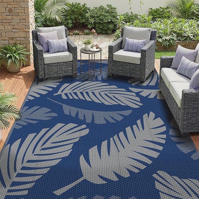 GENIMO Outdoor Rug, Waterproof Plastic Rugs for Patio, 6'x9' Blue Grey | Outside Larger Leaf Carpet Mat for Porch Decor, Deck, Balcony, Camping, RV, Backyard, Picnic, Beach, Reversible, Foldable