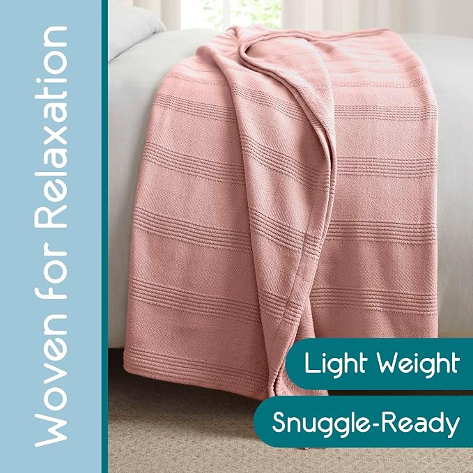 Vellux 100% Cotton Blanket, Queen, 90x90, Pink Clay | Soft, Breathable Knit, Lightweight, All Season, Machine Washable, Oeko-Tex Certified, Hotel Quality