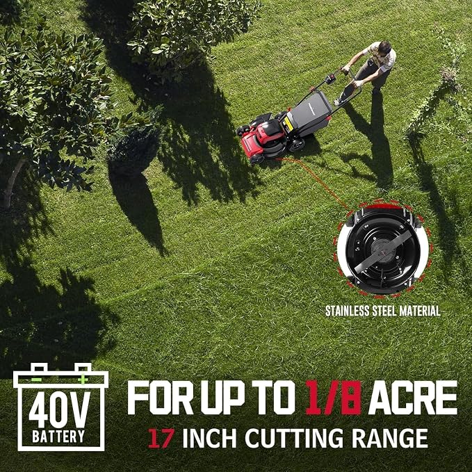 40V Cordless Electric Lawn Mower, 17" Brushless Push Lawn Mower with 4.0Ah Battery, 3-in-1 (Mulch/Bag/Side Discharge), 6 Height Positions & 46L Bag
