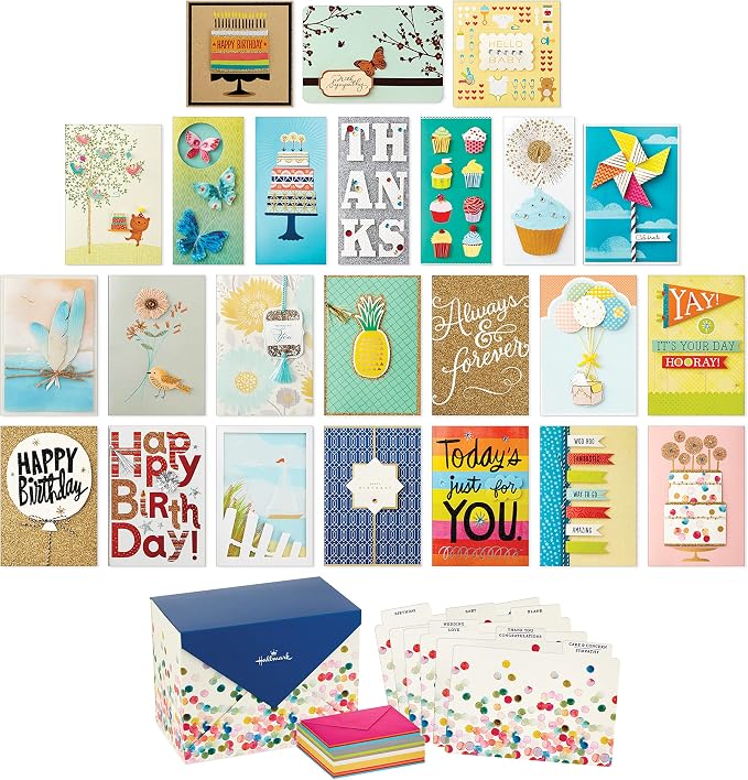 Hallmark All Occasion Cards Assortment Box with Envelopes, Handmade Greeting Card Organizer Box with Dividers, Watercolor Dots (Pack of 24) & Handmade Birthday Cards Assortment, Happy Cake Day