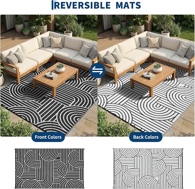 Garvee Reversible Rainbow Outdoor Rug 10x14, Waterproof Outdoor Plastic Straw Rug, RV Mat for Picnics, Patio, Camping, Balcony, Deck, Backyard, Porch, Black