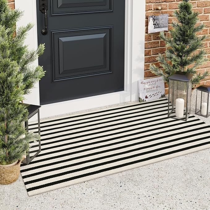 LEEVAN 2'X4.3' Black and White Striped Woven Cotton Reversible Outdoor Rug | Small Machine Washable Front Porch Rug, Entryway Door Mat, Indoor Layering Carpet for Farmhouse Bathroom Laundry