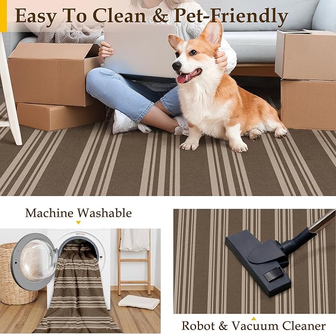 PureCozy Striped Easy Jute 2x8 Kitchen Runner Rug Brown Washable Carpet for Hallway Non Slip Farmhouse Neutral Non Shedding Indoor Outdoor 2'6"x8 Long Rug Bathroom Bedroom Laundry Entryway