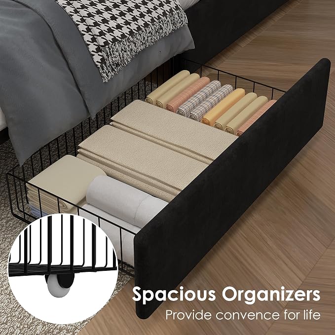 VECELO Full Size Upholstered Bed Frame with 4 Storage Drawers, Adjustable Velvet Rivet Decor Headboard, Wooden Slats Platform Support, No Box Spring Needed, Easy Assembly,Black