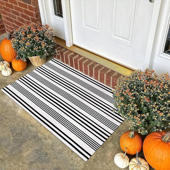 OJIA Front Door Rug 27.5"x43" Black and White Striped Outdoor Porch Rugs | Machine Washable Welcome Mat Cotton Woven Entryway Rug Front Door Mats for Porch/Farmhouse/Kitchen/Outside Entrance Decor